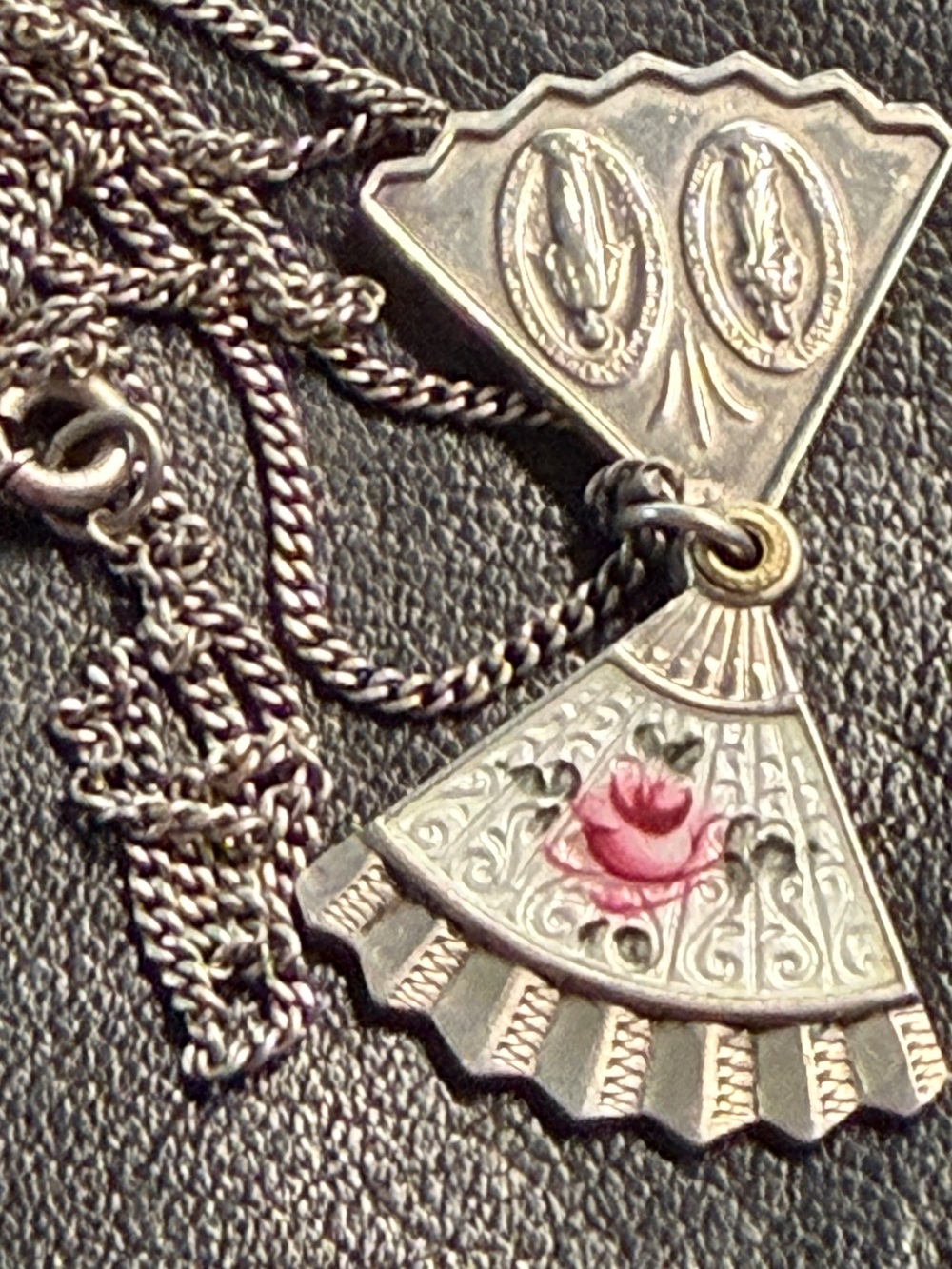Vintage 925 Guilloche Enamel Rose Slide Hand Fan 4-Way Religious Medal Necklace - Picture 14 of 16